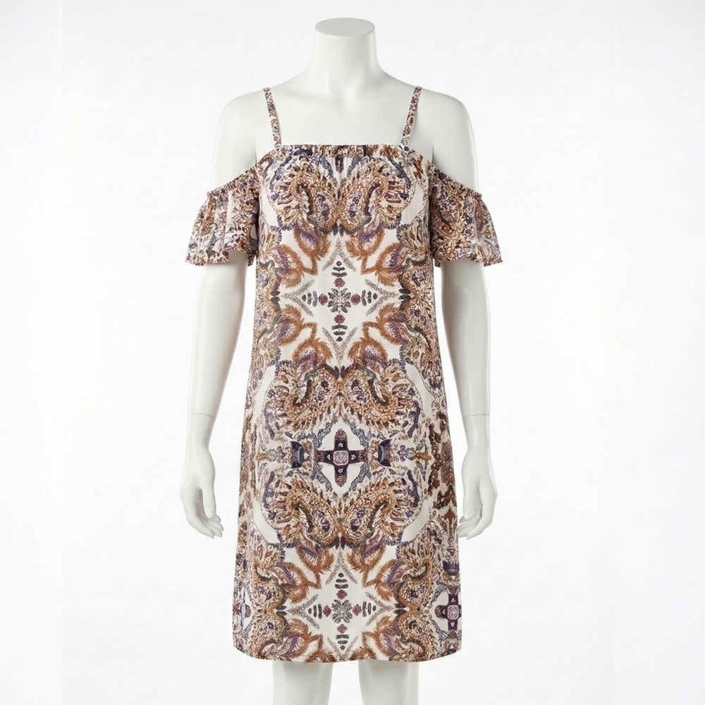 As U Wish Cold Shoulder Dress Small Paisley Boho Festival Summer Spaghetti Strap